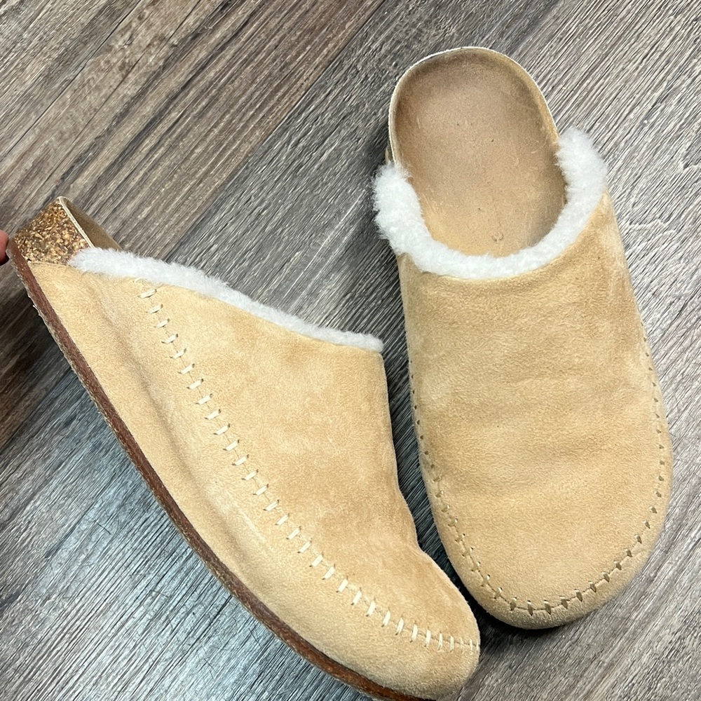 Jenni Kayne Tan Suede Sherling Lined Slip On Mule Shoe Size 37